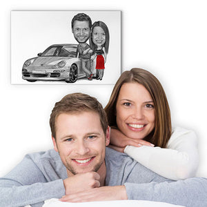 Karikatur vom Foto - Mein Auto (andere Automarken mgl.) Paar Zeichnung mit rot (ca392couple-pen-red) - Lustige individuelle Karikatur vom eigenen Foto