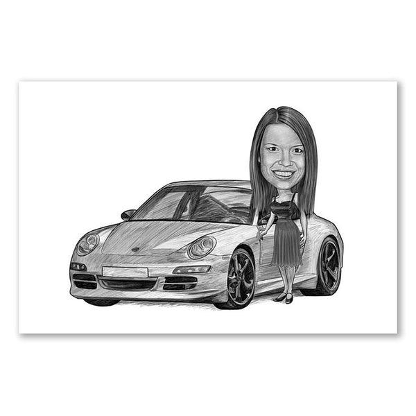 Karikatur vom Foto - Mein Auto (andere Automarken mgl.) Frau Zeichnung (ca392woman-pen) - Lustige individuelle Karikatur vom eigenen Foto