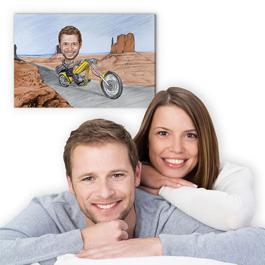 Karikatur vom Foto - Tour im Valley (andere Motorradtypen mgl.) Zeichnung mit rot (ca403man-pen-color) - Lustige individuelle Karikatur vom eigenen Foto
