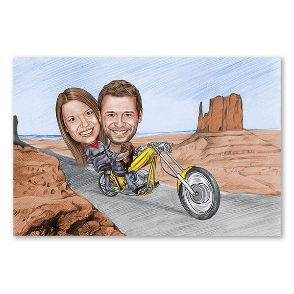 Karikatur vom Foto - Tour im Valley (andere Motorradtypen mgl.) Zeichnung  mir rot (ca403pen-color) - Lustige individuelle Karikatur vom eigenen Foto