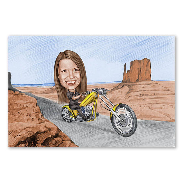 Karikatur vom Foto - Tour im Valley (andere Motorradtypen mgl.) Zeichnung mit rot (ca403woman-pen-color) - Lustige individuelle Karikatur vom eigenen Foto