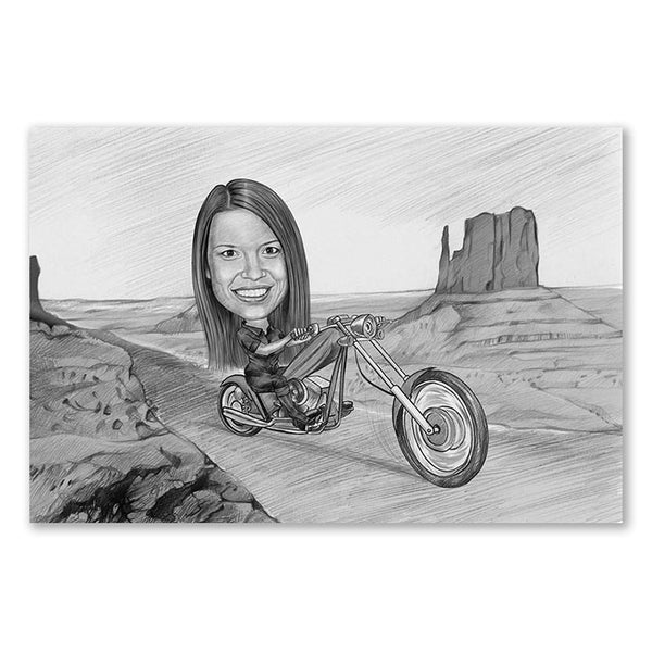 Karikatur vom Foto - Tour im Valley (andere Motorradtypen mgl.) Zeichnung (ca403woman-pen) - Lustige individuelle Karikatur vom eigenen Foto