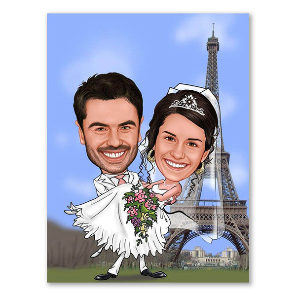 Karikatur vom Foto - Hochzeit in Paris II (ca404) - Lustige individuelle Karikatur vom eigenen Foto