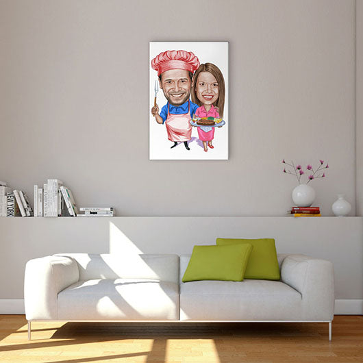 Karikatur vom Foto - Köche aus Leidenschaft Zeichnung mit rot (ca4051pen-color) - Lustige individuelle Karikatur vom eigenen Foto