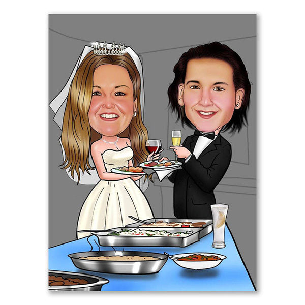 Karikatur vom Foto - Am Hochzeitsbuffet (ca467) - Lustige individuelle Karikatur vom eigenen Foto