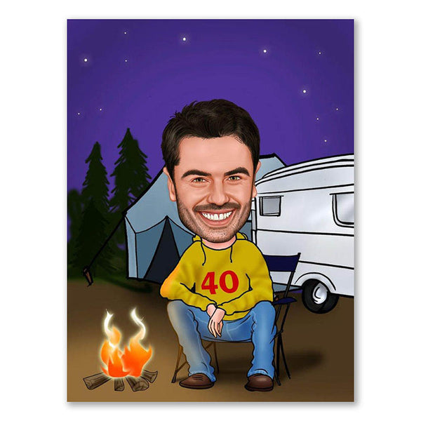 Karikatur vom Foto - camper am Lagerfeuer (ca510) - Lustige individuelle Karikatur vom eigenen Foto