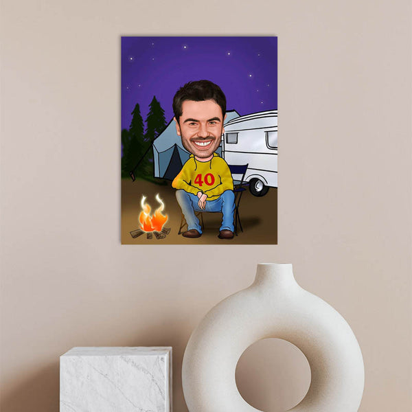 Karikatur vom Foto - camper am Lagerfeuer (ca510) - Lustige individuelle Karikatur vom eigenen Foto