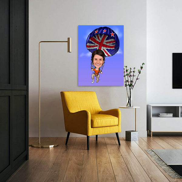 Karikatur vom Foto - Fallschirm GB (Andere Flaggen mgl.) (ca512) - Lustige individuelle Karikatur vom eigenen Foto