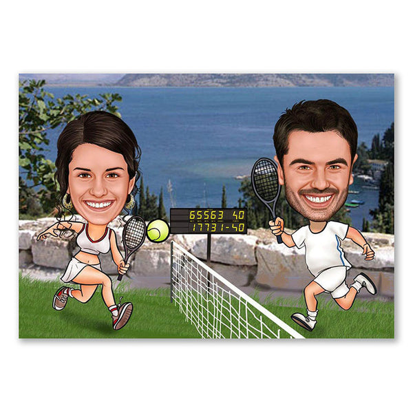 Karikatur vom Foto - Tennis am Mittelmeer (ca524) - Lustige individuelle Karikatur vom eigenen Foto