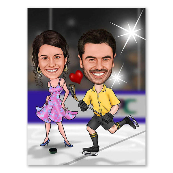 Karikatur vom Foto - Paar beim Eishockeyspiel (ca580) - Lustige individuelle Karikatur vom eigenen Foto