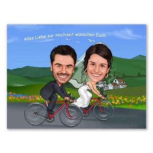 Karikatur vom Foto - Hochzeitspaar beim radeln (ca583) - Lustige individuelle Karikatur vom eigenen Foto