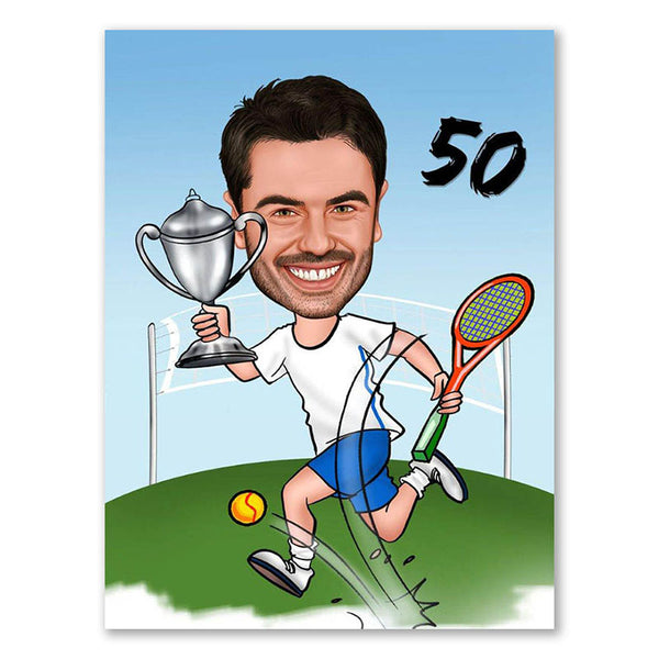 Karikatur vom Foto - Tennisspieler mit Pokal (ca605) - Lustige individuelle Karikatur vom eigenen Foto