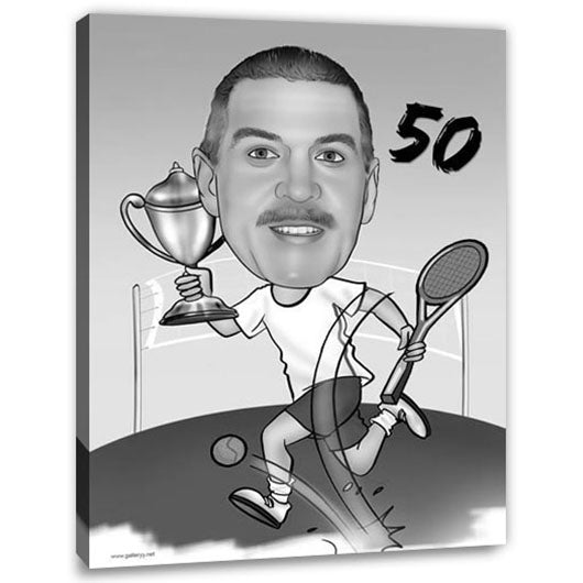 Karikatur vom Foto - Tennisspieler mit Pokal SW (ca605sw) - Lustige individuelle Karikatur vom eigenen Foto