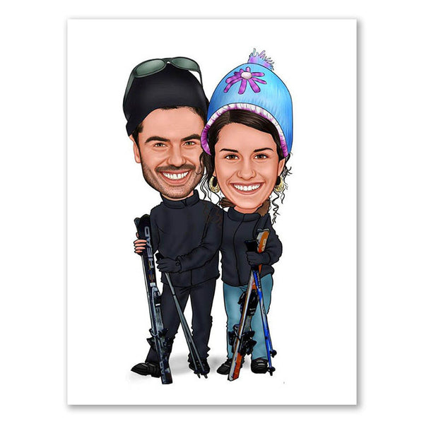 Karikatur vom Foto - Skifahrer-Paar (ca611) - Lustige individuelle Karikatur vom eigenen Foto