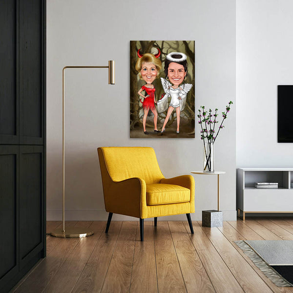 Karikatur vom Foto - Engelchen und Teufelchen (ca655) - Lustige individuelle Karikatur vom eigenen Foto