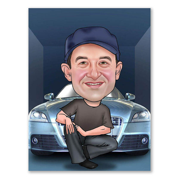Karikatur vom Foto - Stolz auf sein Auto (andere Autos mgl.) (ca690) - Lustige individuelle Karikatur vom eigenen Foto