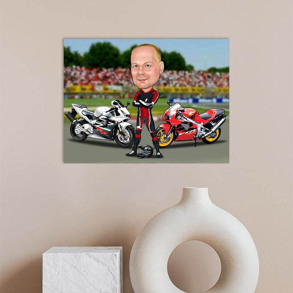 Karikatur vom Foto - ein cooler Biker zwei heiße Öfen (ca699) - Lustige individuelle Karikatur vom eigenen Foto