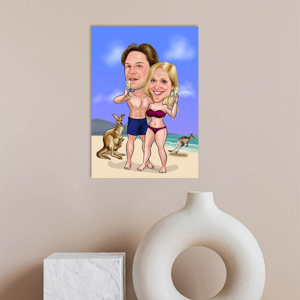 Karikatur vom Foto - nicht alleine am Strand (ca712) - Lustige individuelle Karikatur vom eigenen Foto