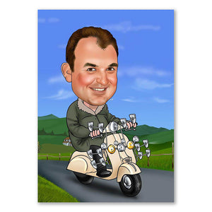 Karikatur vom Foto - Narzissmus auf der Vespa (ca725) - Lustige individuelle Karikatur vom eigenen Foto