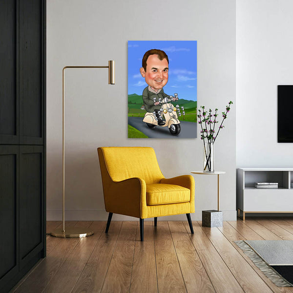Karikatur vom Foto - Narzissmus auf der Vespa (ca725) - Lustige individuelle Karikatur vom eigenen Foto