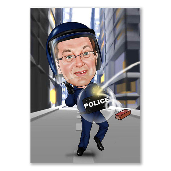 Karikatur vom Foto - Polizist vs. Steinwerfer (ca726) - Lustige individuelle Karikatur vom eigenen Foto