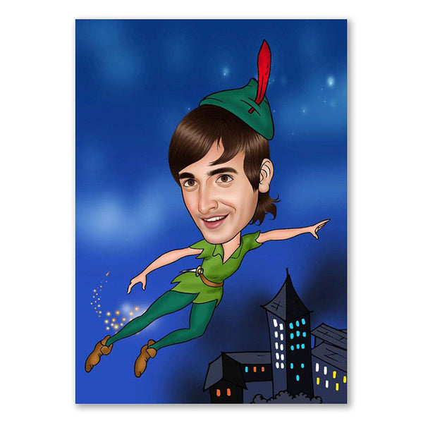 Karikatur vom Foto - Peter Pan über den Dächern (ca805) - Lustige individuelle Karikatur vom eigenen Foto