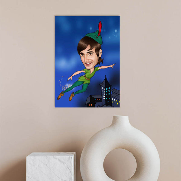 Karikatur vom Foto - Peter Pan über den Dächern (ca805) - Lustige individuelle Karikatur vom eigenen Foto