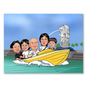 Karikatur vom Foto - Familien-Ausflug mit dem Boot (ca819) - Lustige individuelle Karikatur vom eigenen Foto