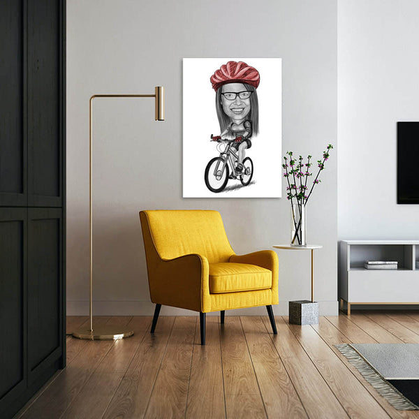 Karikatur vom Foto - Sportlicher Mountainbiker Zeichnung mit rot (ca908pen-red) - Lustige individuelle Karikatur vom eigenen Foto