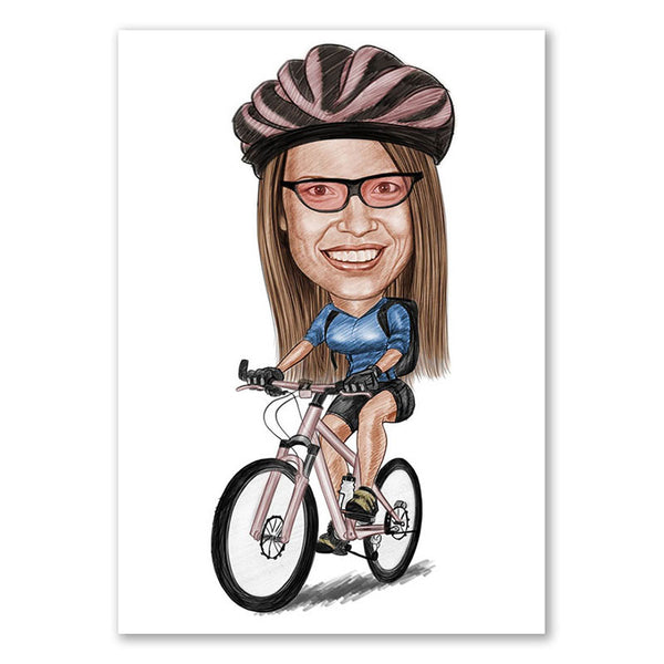 Karikatur vom Foto - Sportliche Mountainbikerin Zeichnung mit rot (ca908woman-color) - Lustige individuelle Karikatur vom eigenen Foto