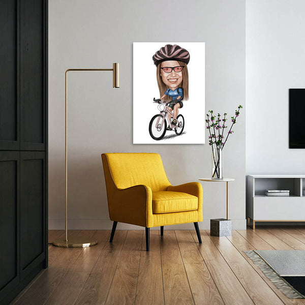 Karikatur vom Foto - Sportliche Mountainbikerin Zeichnung mit rot (ca908woman-color) - Lustige individuelle Karikatur vom eigenen Foto