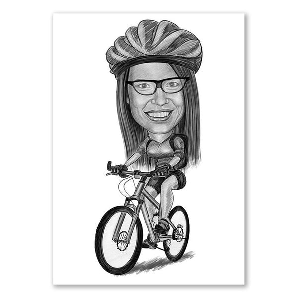 Karikatur vom Foto - Sportliche Mountainbikerin Zeichnung (ca908woman-pen) - Lustige individuelle Karikatur vom eigenen Foto