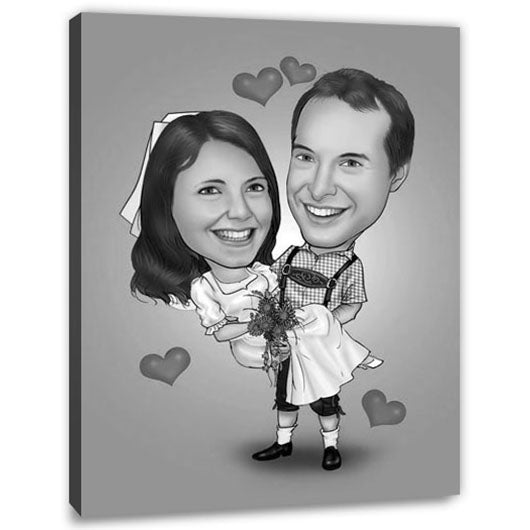 Karikatur vom Foto - Brautpaar in Lederhose SW (ca910sw) - Lustige individuelle Karikatur vom eigenen Foto