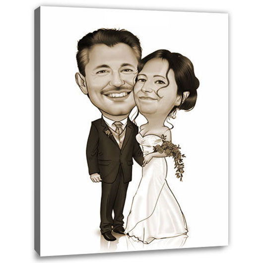 Karikatur vom Foto - Kuschelndes Hochzeitspaar Sepia (ca911se) - Lustige individuelle Karikatur vom eigenen Foto