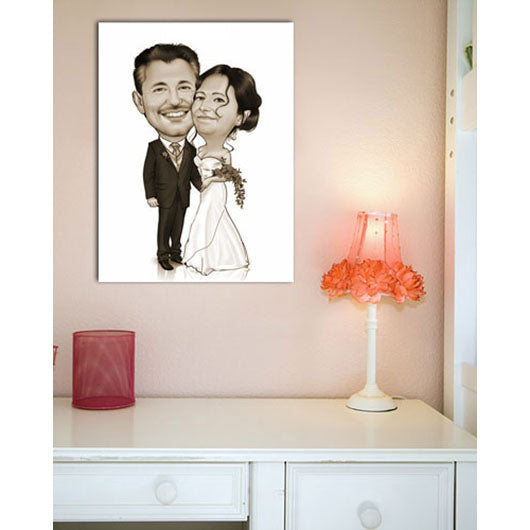 Karikatur vom Foto - Kuschelndes Hochzeitspaar Sepia (ca911se) - Lustige individuelle Karikatur vom eigenen Foto