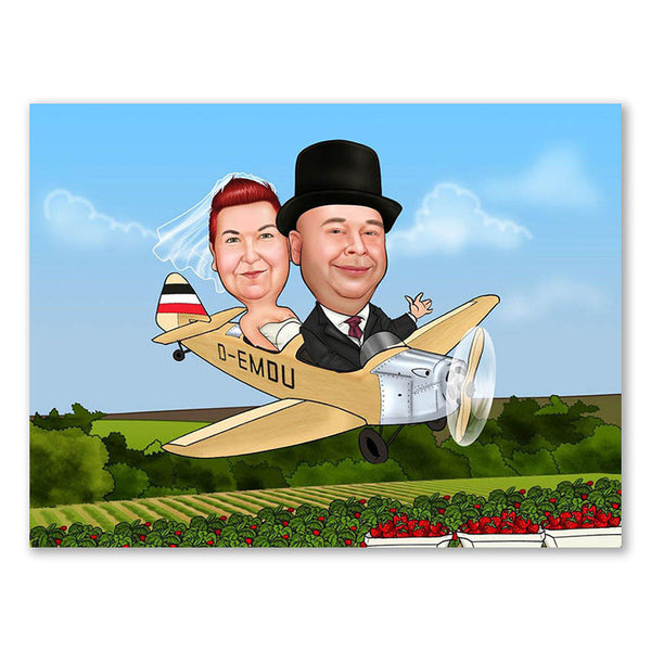 Karikatur vom Foto - Brautpaar im Proppelerflugzeug (ca912) - Lustige individuelle Karikatur vom eigenen Foto