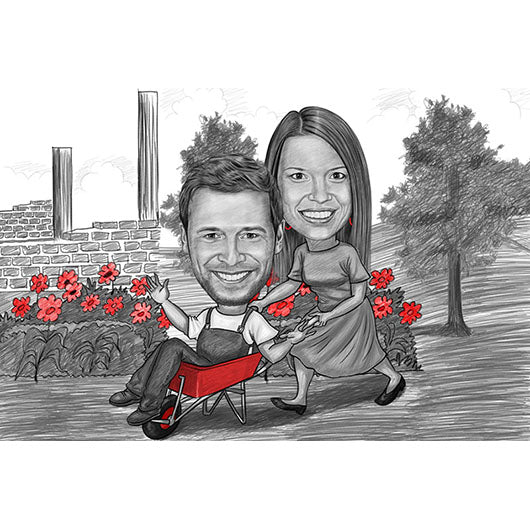 Karikatur vom Foto - Mann in Schubkarre Zeichnung mit rot (ca924pen-red) - Lustige individuelle Karikatur vom eigenen Foto