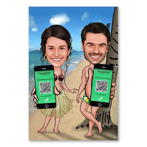 Karikatur vom Foto - Urlaub am Strand mit digitalem Impfpass (ca988) - Lustige individuelle Karikatur vom eigenen Foto