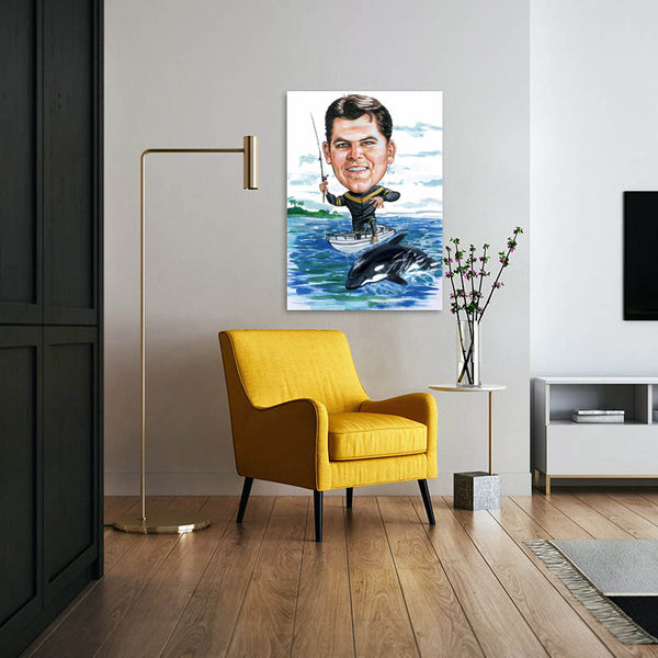 Karikatur vom Foto - Angler mit Delfin (cdi116) - Lustige individuelle Karikatur vom eigenen Foto