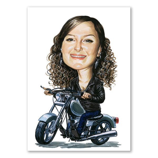 Karikatur vom Foto - Lady auf Bike (cdi142) - Lustige individuelle Karikatur vom eigenen Foto