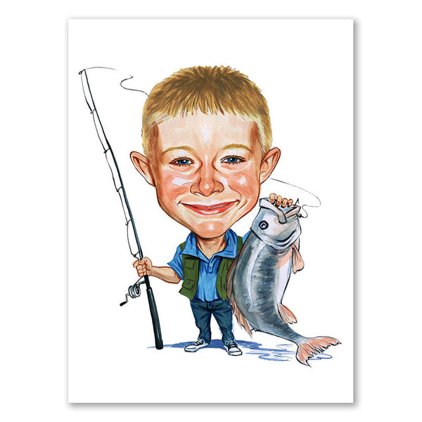 Karikatur vom Foto - Angler-Junge (cdi331) - Lustige individuelle Karikatur vom eigenen Foto
