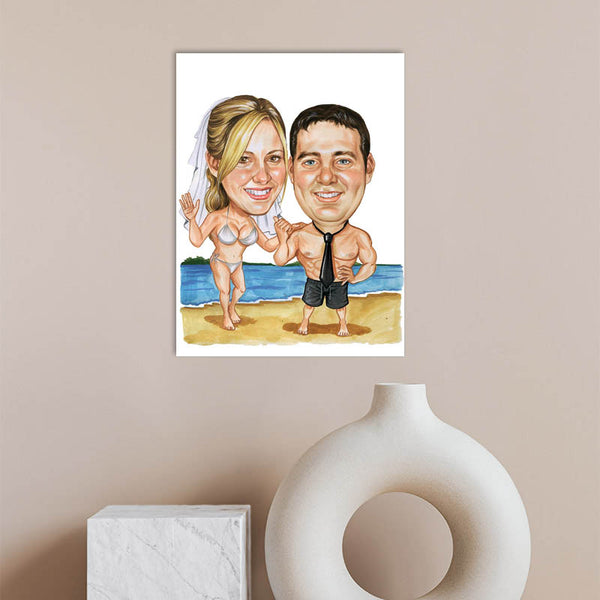 Karikatur vom Foto - Hochzeitspaar am Strand (cdi341) - Lustige individuelle Karikatur vom eigenen Foto