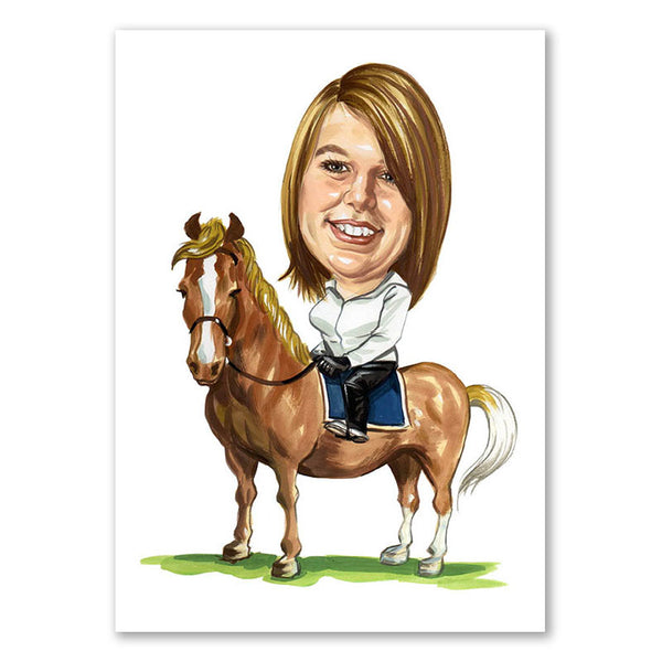 Karikatur vom Foto - Reiterin mit Pferd (cdi423) - Lustige individuelle Karikatur vom eigenen Foto