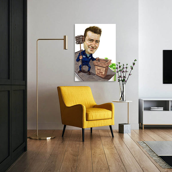 Karikatur vom Foto - Schornsteinfeger auf Dach (cdi439) - Lustige individuelle Karikatur vom eigenen Foto
