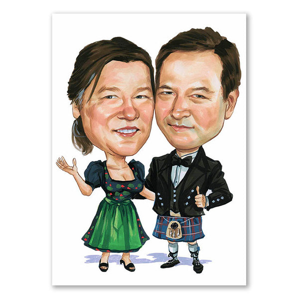 Karikatur vom Foto - Schottenrock und Dirndl (cdi457) - Lustige individuelle Karikatur vom eigenen Foto