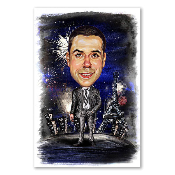 Karikatur vom Foto - Silvester in Paris (cdi480) - Lustige individuelle Karikatur vom eigenen Foto