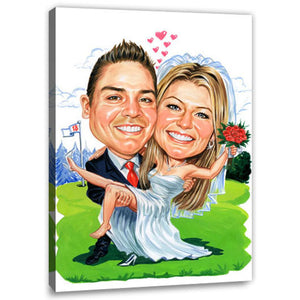 Karikatur vom Foto - Hochzeit auf Golfplatz (cju136) - Lustige individuelle Karikatur vom eigenen Foto