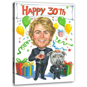 Karikatur vom Foto - Geburtstag mit Hundefreund (cju161) - Lustige individuelle Karikatur vom eigenen Foto