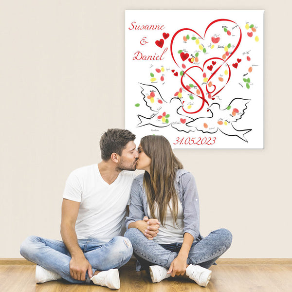 Fingerabdruck-Leinwand - Zwei Tauben mit Herz - Fingerabdruck Leinwand