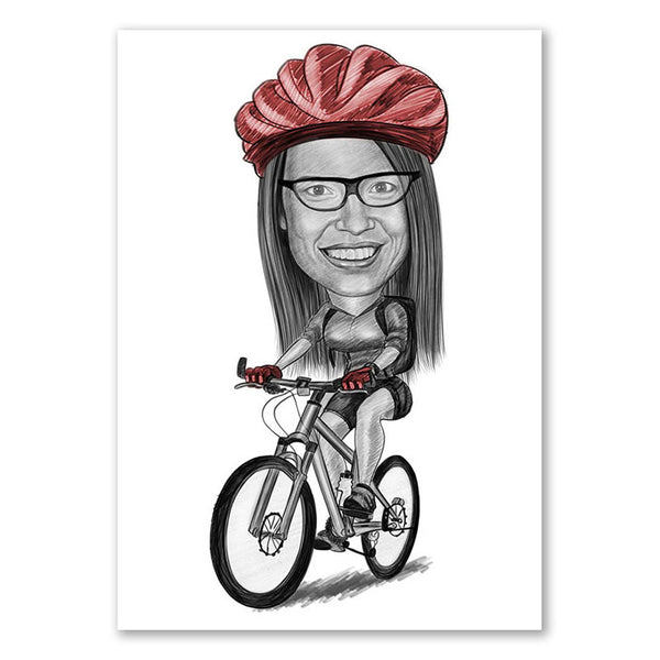 Karikatur vom Foto - Sportliche Mountainbikerin Zeichnung mit rot (ca908woman-pen-red)